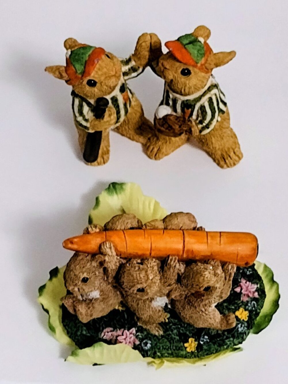 Set of 2 Vintage Bunny Rabbits Figurine Resin with Carrot & Baseball